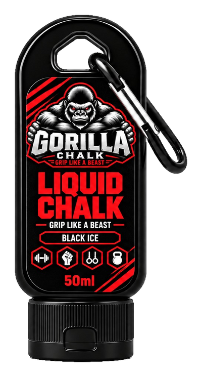 Gorilla Chalk Black Ice liquid chalk bottle, 50 mL carabiner, front label