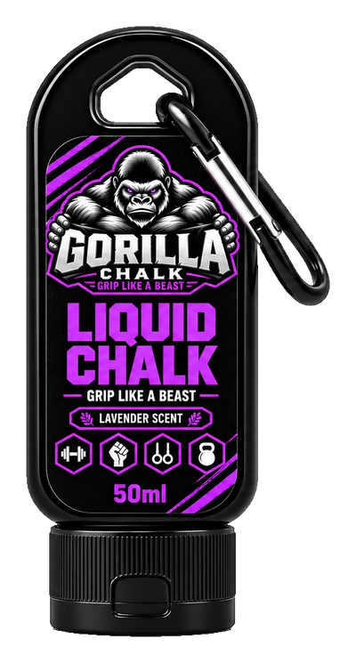 Gorilla Chalk Lavender liquid chalk bottle, 50 mL carabiner, front label